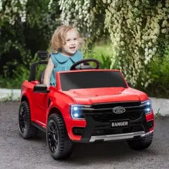 Qaba Ford Ranger Licensed 12V Kids Ride on Car, Kids Electric Car with Remote, Spring Suspension, Toy Storage, LED Headlights, Music Horn, Red