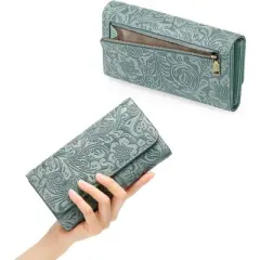 FATMOON Women&rsquo;s Wallet-RFID Blocking Long Clutch Ladies Purse - Vegan Leather Embossed Flower Design, 12 Card Slots & Zippered Pockets