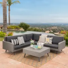 GDFStudio Hensley Outdoor Wicker 5 Seater V-Shape Sectional Sofa Chat Set with Cushions, Mixed Black/Dark Gray