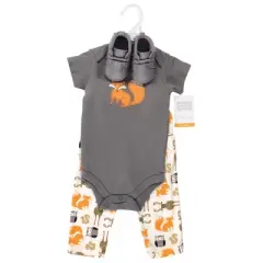 Hudson Baby Infant Boy Cotton Bodysuit, Pant and Shoe 3pc Set, Boy Forest