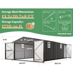 AMERLIFE 13.2x21x8 FT Metal Storage Shed, Large Garage with 2 Double Doors, 4 Windows