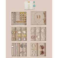Jewelry Box with Glass Lid, 6-Layer Jewelry Organizer, 5 Drawers, for Big and Small Jewelry, Jewelry Storage, 8 x 9.1 x 9 Inches, Cloud White