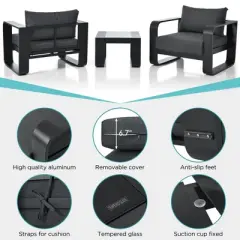3-Piece Outdoor Aluminium Chair Set with Coffee Table and Thick Cushion