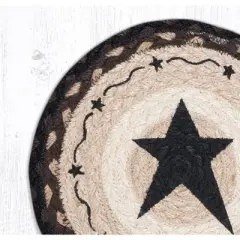 Earth Rugs Round Jute Trivet 10"x10" &ndash; Primitive Black Star Design on Natural Braided Fiber