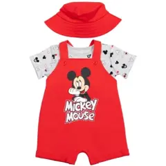 Disney Mickey Mouse Baby French Terry Short Overalls T-Shirt and Hat 3 Piece Outfit Set Newborn to Infant