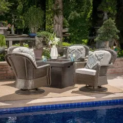 GDFStudio Assisi Outdoor Wicker 5 Piece Swivel Club Chair and Fire Pit Set with Cushions