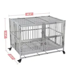 48" Heavy Duty Dog Crate, Stainless Steel Dog Kennel,  Two-Door Design Small Dog Crate with Locking Wheels & Removable Tray