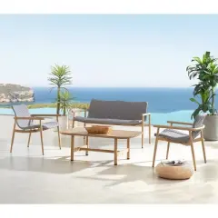 Layout Optimized Outdoor Seating Ensemble 4Piece Sofa & Armchair Set w/ Grid Weave & Planked Table