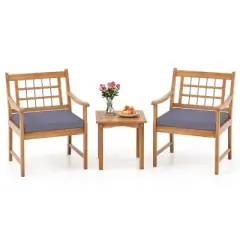 Costway 3 Pieces Acacia Wood Patio Bistro Set Outdoor Conversation Set with Cushions Off White/Gray/Navy
