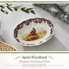 Spode British Flowers Collection 6" Oval Fluted Dish - Pheasant Illustration, Rustic Serving - Porcelain, Dishwasher & Oven Safe