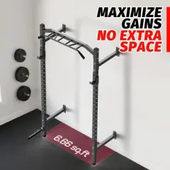 Wall Mounted Power Rack, 1600LB Commercial Squat Rack for Home Gym with Multi-Grip Pull Up Bar, J-Cups & Landmine Attachment for Home and Garage Gym