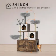 54.3-Inch Cat Tree with Litter Box Enclosure 2-in-1 Modern Cat Tower with Cat Condo