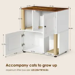 Cat Litter Box Enclosure for 2 Cats, 31.5" Double Hidden Cat Litter Box Furniture, 2 Tier Wooden Cat House with Scratching Post and Litter Mat, White