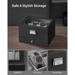 SONGMICS 8-Slot Watch Box Lockable Watch Case with Glass Lid 2 Layers for Rings Bracelets Black Synthetic Leather Greenish Gray Lining