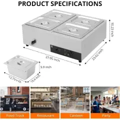 4x12QT Food Warmer 1500W Bain Marie Buffet Pan Steam Table With Adjustable Temp & Auto Shut Off & Dry Burning Indicator