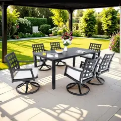 7-Piece Outdoor Dining Set, Swivel Rock Dining Chairs and Dining Table with Umbrella Hole, Aluminium Chairs with Foam Cushions-Coolbibila