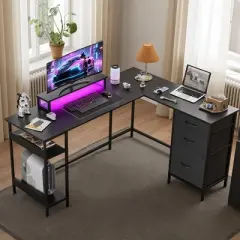 GALAXHERO 60-Inch L-Shaped Gaming Desk, Corner Computer Desk with Storage, Power Outlets & LED Lights, Office/Gaming Desk for Bedroom