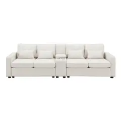 114.2" Modern Linen Upholstered Sofa with Console, 2 Cup Holders, 2 USB Ports, Wireless Charging and 4 Pillows - ModernLuxe