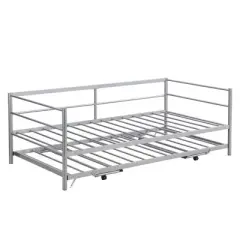 Twin Size Daybed With Pop Up Trundle, Bed Frame With Braces Safety Guardrail, No Box Spring Needed, Sturdy Metal Slat Support, Folding Platform Bed