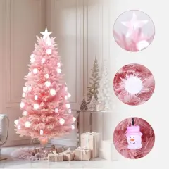 LuxenHome 6Ft Pink Cherry Blossom Christmas Tree with Fiber Optic Lights & Snowman Star Topper