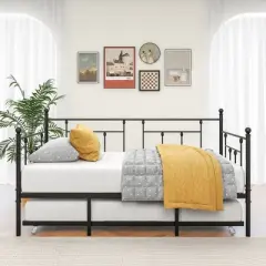 Twin Size Daybed Metal Frame with Trundle Set, Twin Day Bed Sofa, Daybed and Roll Sofa Bed for Guest Room, Bedroom, Living Room, Victorian Style