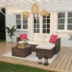 Whizmax 5-Piece PE Rattan Patio Set - Outdoor Wicker Furniture with Cushions & Glass Table, for Porch, Garden, Balcony