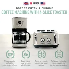 Haden 12 Cup Programmable Drip Coffee Maker Coffee Machine Bundled with Dorset 4 Slice Wide Slot Stainless Steel Toaster, Putty & Chrome