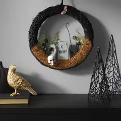 16" Twig Tombstone Halloween Scene Wreath - Hyde and EEK! Boutique&trade;: Black Faux Floral, Indoor Wall Decor