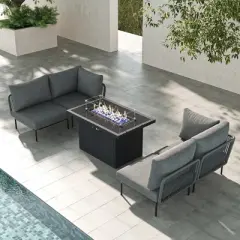 LayinSun 5 Pieces Rope Woven Patio Furniture Set, Modern Modular Sectional Sofa with Fire Pit Table and Upgrade Thickness Cushion