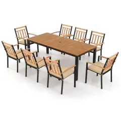 Costway 9 PCS Outdoor Dining Table & Chairs Set Table with Acacia Wood Top Umbrella Hole