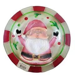 Transpac 12.0 Inch Jolly Santa Platter Christmas Seasonal Tabletop , Fused Glass Christmas Holly (1PC)