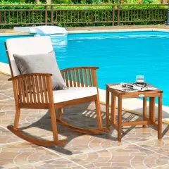 Tangkula 2PCS Patio Wooden Rocking Chair Set Garden Outdoor w/ Coffee Table Cushion