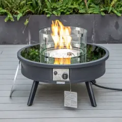 Leisuremod Walbrooke Outdoor Patio Aluminum Round Fire Pit Side Table with Lid and Fire Glass