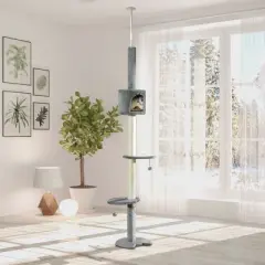 PawHut 85.5" Cat Tree Height Adjustable Floor-to-Ceiling 4-Tier Kitty Climbing Activity Center Condo Cat Toy with Scratching Post Hanging Balls Gray