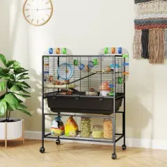 PawHut Hamster Cage, Rolling Rat Cage with Deep Tray, Storage Shelf, Big Exercise Wheel, Hut, Tube System, for Syrian, Gerbil, Mouse