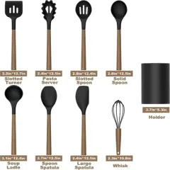 BRINJOY 9-Piece Silicone Kitchen Cooking Spatula Set with Wooden Handle for Nonstick Pans, 446&iexcl;&atilde;F Resistant Silicone with Large Stand (Black)