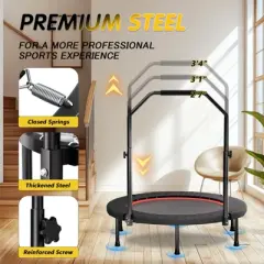 Aukfa 40 Inch Fitness Trampoline with Adjustable Handle - Foldable Rebounder with 6 Legs for Adults, Home Gym Workout