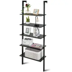 Costway 5-Tier Ladder Shelf Wood Wall Mounted Bookshelf W/Metal Frame Display Shelf