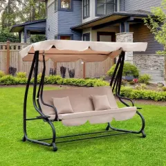 Outsunny 3 Seat Outdoor Free Standing Swing Bench Porch Swing with Stand, Comfortable Cushioned Fabric & Included Canopy