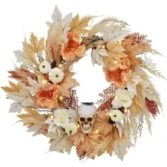 22 Inch Wreath with White Pumpkins Rose Maple Leaves for Indoor Outdoor Wall Window Front Door Porch Mantle Halloween Decoration