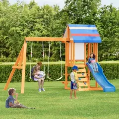 3 in 1 Swing Set Wooden Outdoor Swing Set Children Playset with Slide, 2 Swings and Climber for Garden, Backyard and Playground, Blue/Green-ModernLuxe
