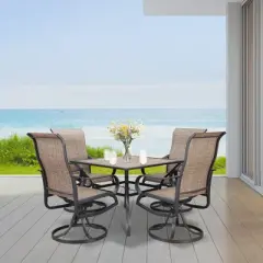 Outsunny 5 Piece Garden Patio Dining Furniture, Outdoor Conversation Set, Dinner Table with Umbrella Hole, 4 Rocking Swivel Chairs, Coffee Bean Brown