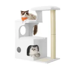 WoodyWonders 33.8-Inch Modern Cat Tower with 3 Perches, Scratching Post & Cave, Includes 4 Washable Cushions