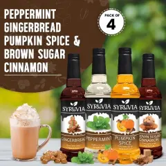 Syruvia Variety Pack - Peppermint, Gingerbread, Pumpkin Spice & Brown Sugar Cinnamon Syrup 25.4 Fl oz (4-Pack)