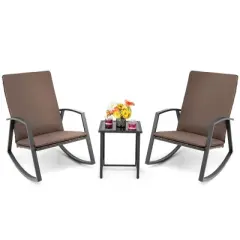 Costway 3PCS Patio Rattan Rocking Chair Table Furniture Set Yard Cushion