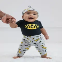 DC Comics Justice League Superman Flash Baby Pants Bodysuit and Hat 3 Piece Outfit Set Newborn to Infant