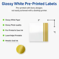 Avery Printable Square Labels, Gold Double-Dipped Edge, 3" x 3", Glossy White Square Labels, Permanent, Laser/Inkjet, 60ct, Great for Product Labels