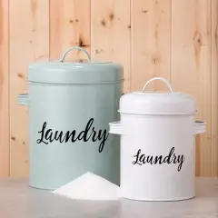 Amici Home Launderette Metal Storage Canister, Round Canister w/ Powder Coat Finish Script Style Lettering, Side Handles & Lid Handle
