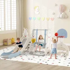 Costway 7-in-1 Toddler Slide with Height Adjustable Basketball Hoop & Swing Golf Soccer