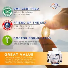 Cardiotabs Omega-3 Enteric-Coated Fish Oil, Triglyceride Form, 1100 mg Omega-3 Fatty Acids, No Fishy Burps, Small Softgels - 180 Count